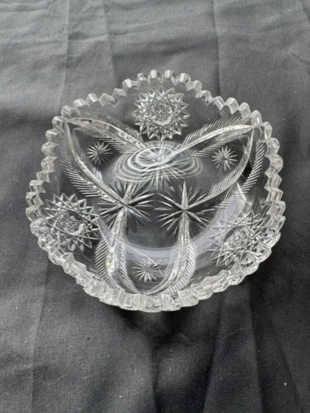 Vintage American Brilliant Candy / Nut Cut Glass Sawtooth w Sunburst 5" Wide